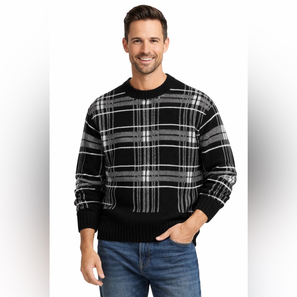 St. John's Bay Men's Sweater in Black and White Plaid